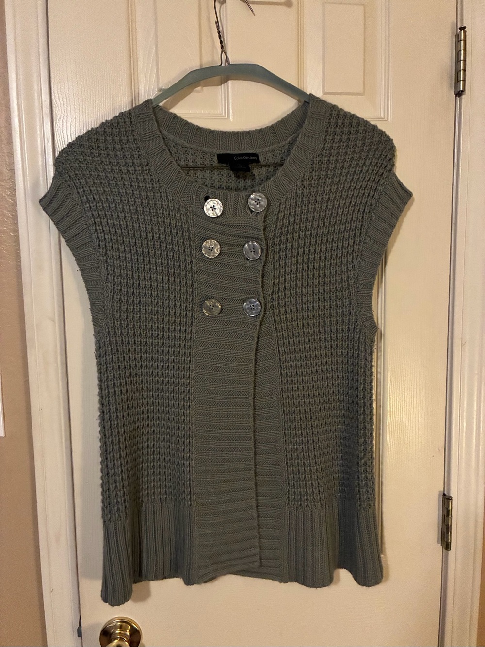 Calvin Klein Jeans Gray Sleeveless Knit Cardigan with Button Placket